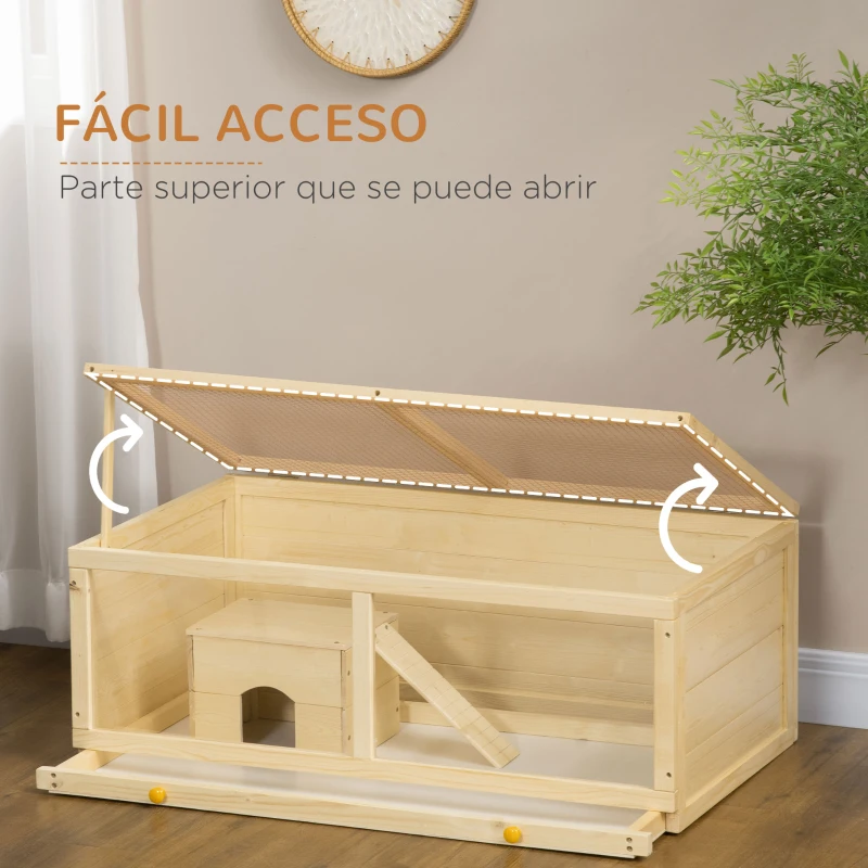 PawHut Jaula para Hámster de Madera con Techo Abatible Panel de Acrílico Bandeja Extraíble y Cabaña 100x58x38 cm Natural