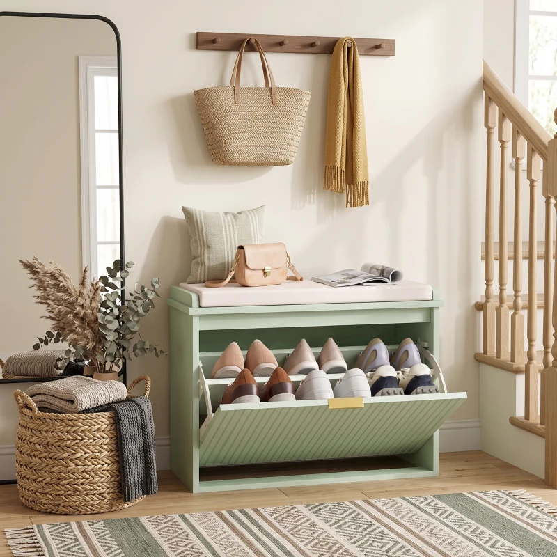 HOMCOM Banco zapatero con asiento acolchado y cajón abatible para pasillo, dormitorio, 62 x 26 x 47,5 cm, verde