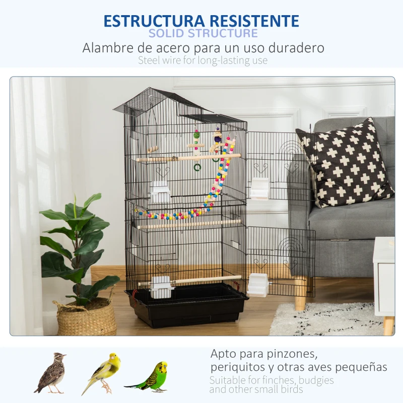 PawHut Jaula para Pájaros Pajarera con Múltiples Puertas 4 Comederos 3 Perchas Columpio Escaleras y Bandeja Extraíble para Loros Canarios Periquitos 46x36x100 cm Negro