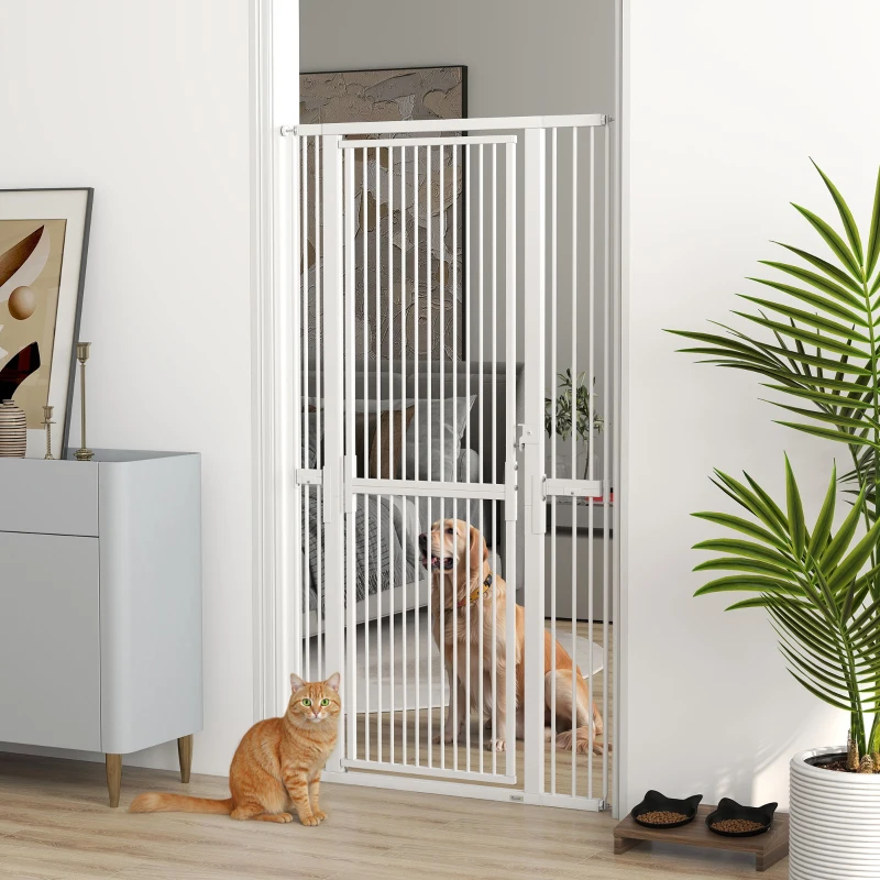 PawHut Barrera para Perros Extra Alta con Ancho Ajustable 77-104 cm Separación 3,5 cm con Montaje a Presión Extensiones Blanco