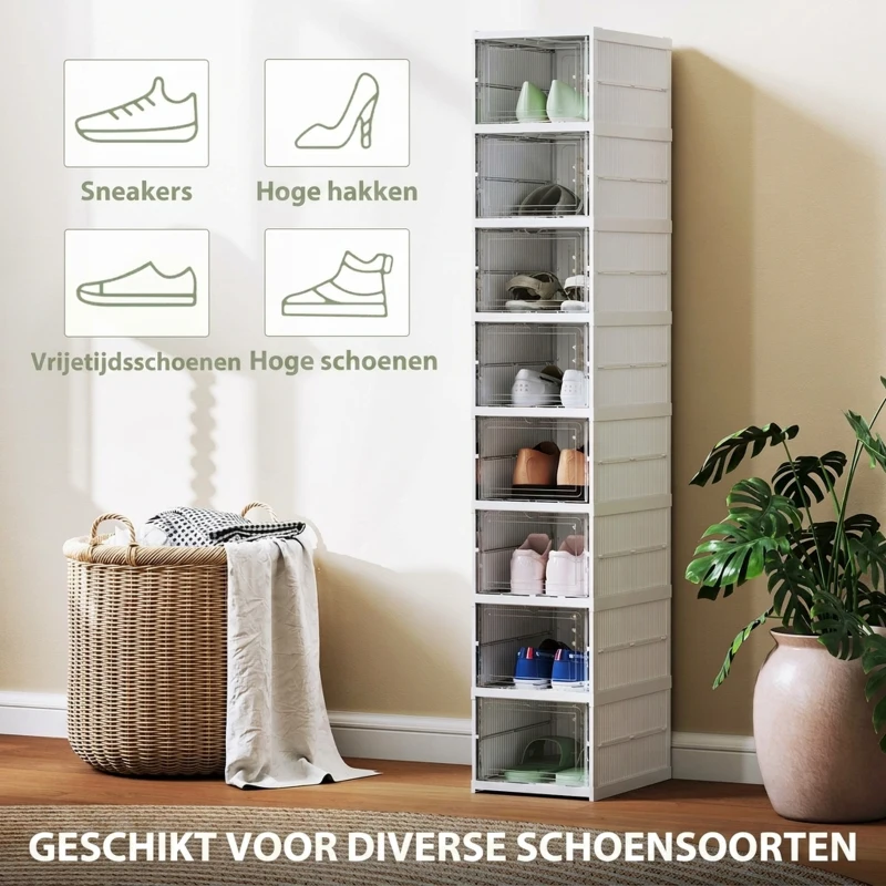 HOMCOM 8-Laags Schoenenrek, Schoenenkast, Opvouwbaar, Geventileerde Achterkant, Kunststof, Wit(m-6)