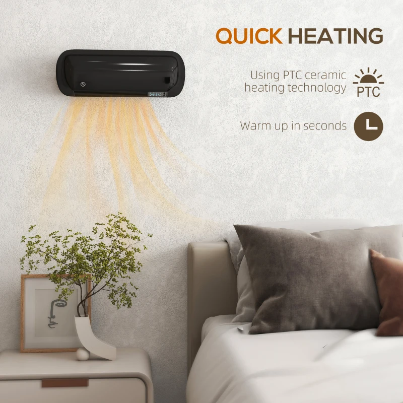 HOMCOM 2000W Ceramic Electric Heater with Fan, Adjustable Thermostat, Wall Mounted - Black