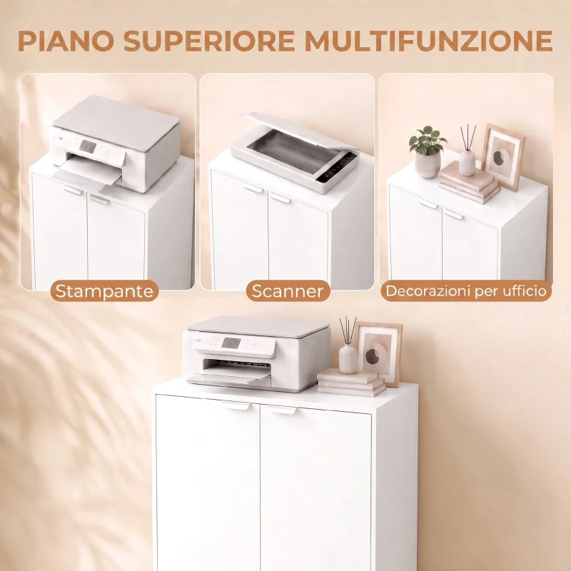 HOMCOM Mobiletto da Ufficio con 3 Ripiani e 2 Ante, 60x33.5x108 cm, Bianco