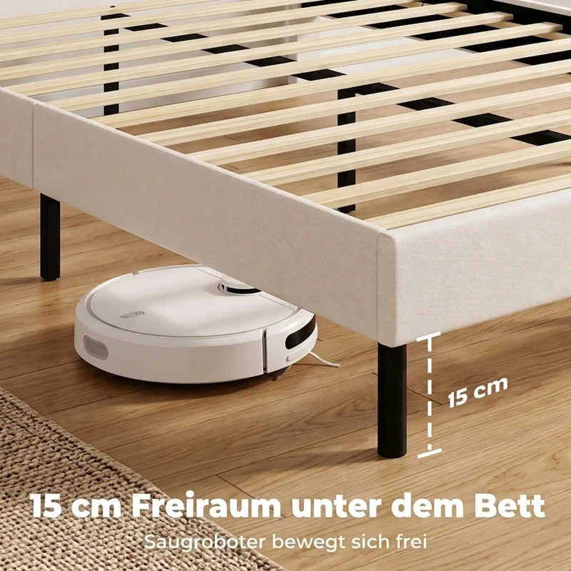 HOMCOM Bedframe 140 x 200 cm met verstelbaar hoofdbord, gestoffeerd bed in linnenlook met 12 multiplex latten - Beige