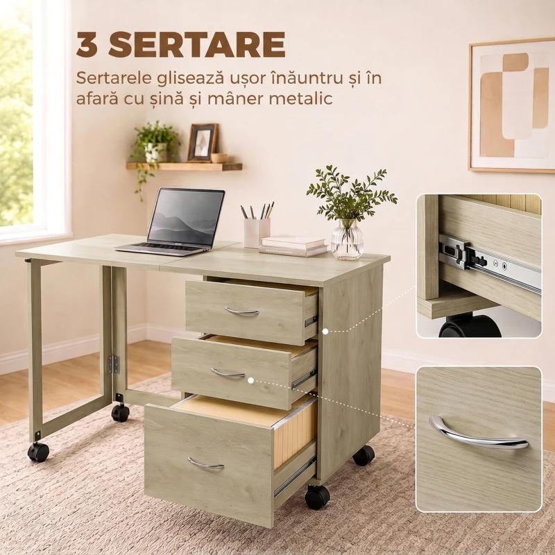 HOMCOM Birou Pliabil Con 3 Sertare, Stejar