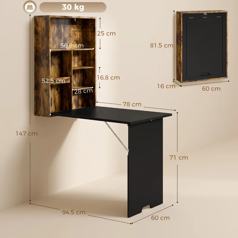HOMCOM Folding Wall-Mounted Drop-Leaf Table, Convertible Wall Table With Chalkboard and Storage Shelf, Rustic Brown