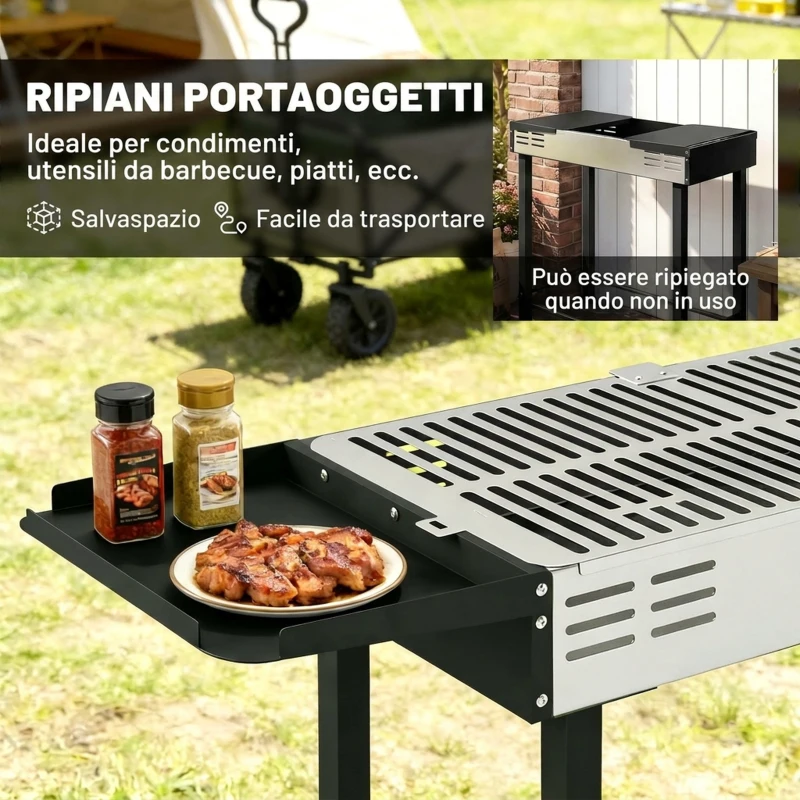 Outsunny Barbecue a Carbone a 3 Livelli con Mensole Pieghevoli e Girarrosto, in Acciaio Inox, 118x32x90 cm, Nero