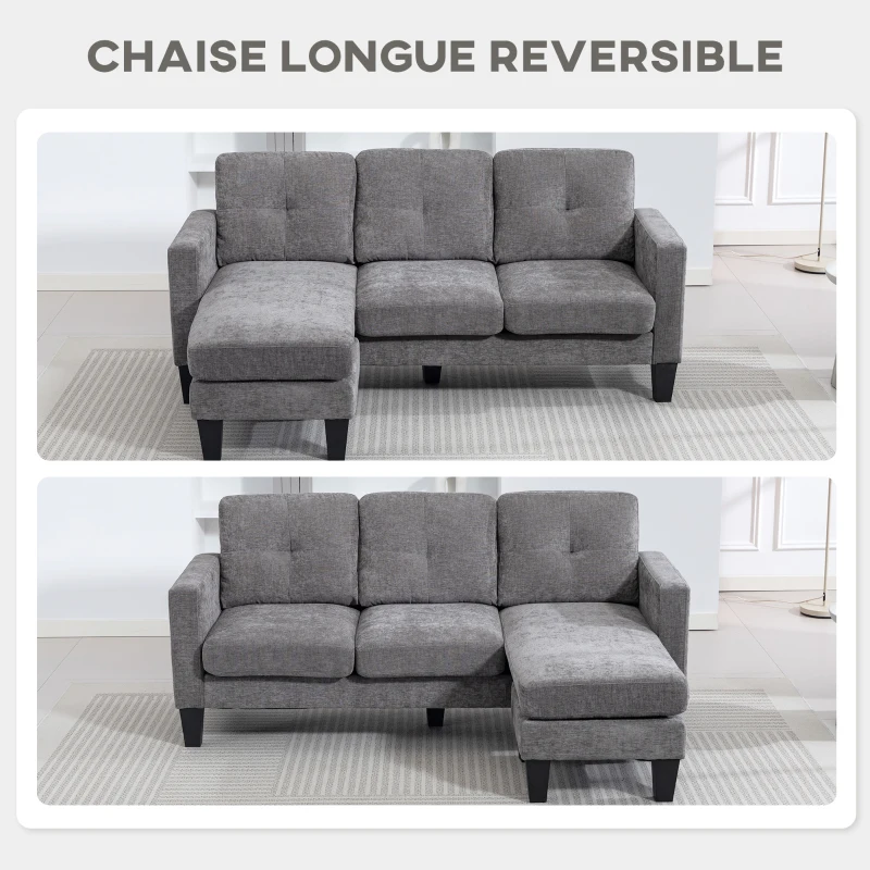 HOMCOM Sofá Chaise Longue Reversible con Estructura de Acero Tapizado en Chenilla 186x130x84cm Gris Oscuro