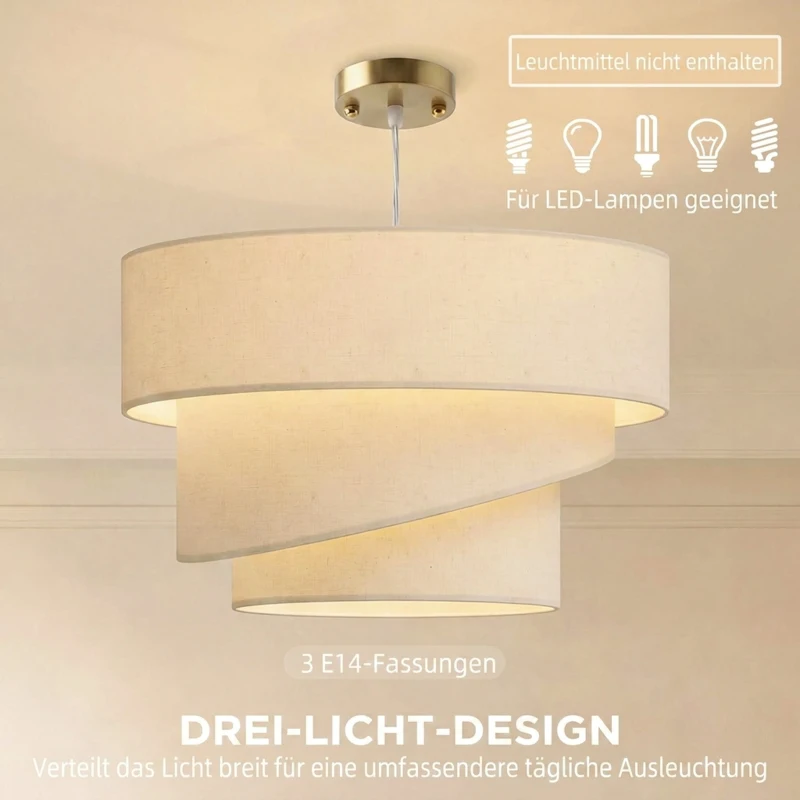 HOMCOM Pendelleuchte mit 3 Leinenschirmen, moderne Deckenlampe höhenverstellbar, Beige, Leuchtmittel nicht enthalten