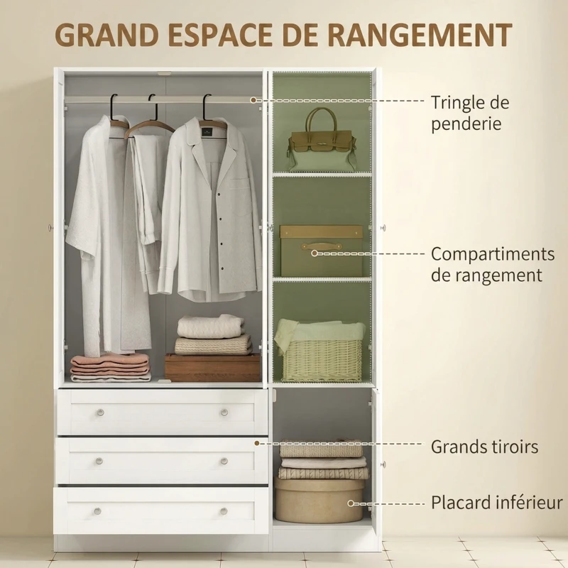 HOMCOM Armoire Chambre Penderie avec 4 Portes, 3 Tiroirs, Barre de Suspension et Étagère Réglable, 120 x 50 x 176,5 cm, Blanc