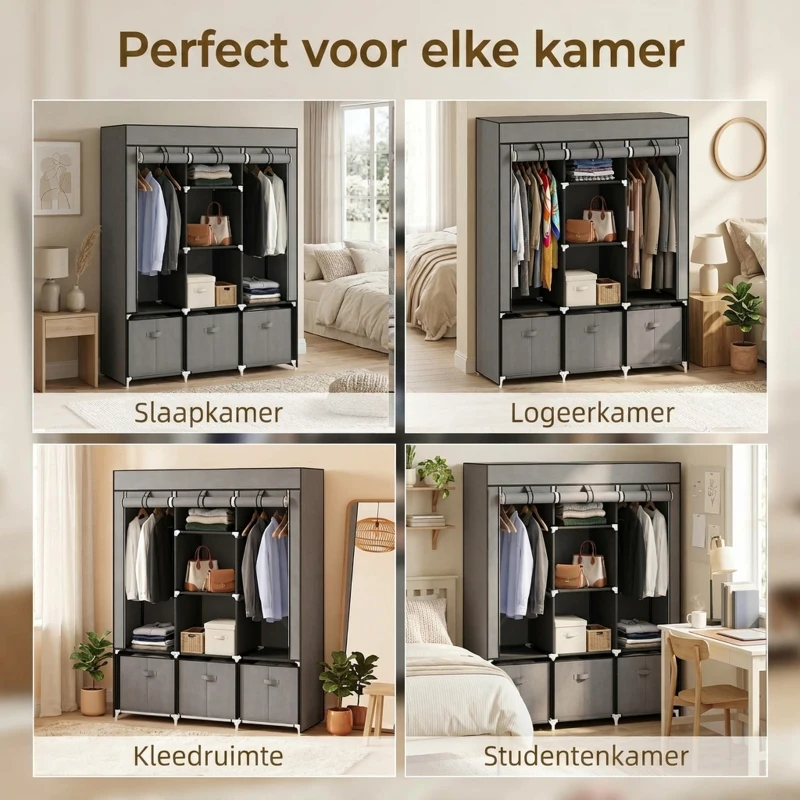 HOMCOM stoffen kledingkast, kledingkast met kledingrekken en laden, opvouwbare kledingkast met ritssluiting, opvouwbare kledingkast voor slaapkamer, niet-geweven stof, donkergrijs, 125 x 43 x 162,5 cm(m-6)