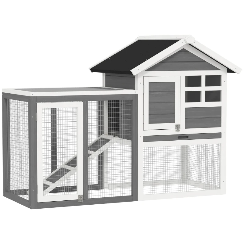 PawHut Hasenstall 2 Etagen Kaninchenstall aus Holz 123,5x62,6x92,5 cm Kaninchenkäfig mit Bitumendach Freilaufgehege Rampe Türen Herausnehmbare Bodenwanne Hasenkäfig für Kaninchen Outdoor Grau+Weiß