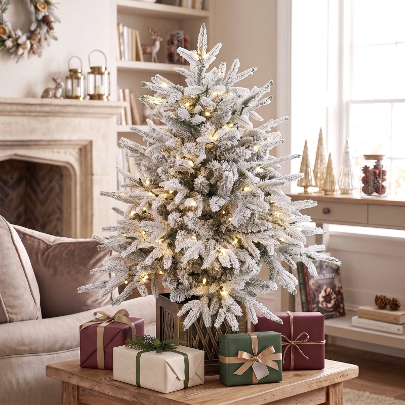 HOMCOM Tafelkerstboom 90 cm, voorverlicht, besneeuwd, kunstmatig, 70 warmwitte leds, 488 takpunten, groen