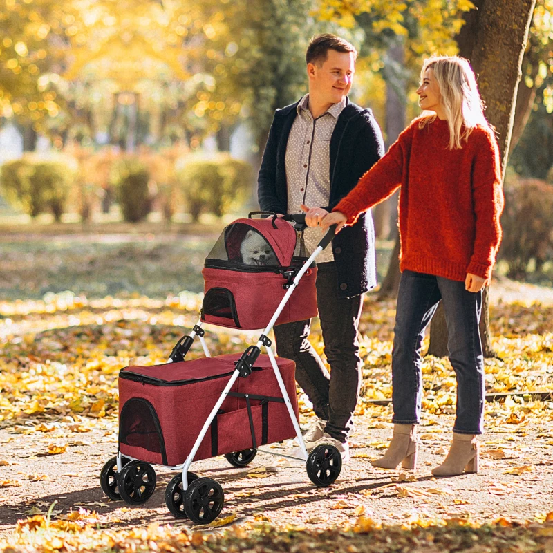 PawHut Cochecito para Mascotas Plegable con Solo un Clic Carrito para Perros Desmontable con 2 Niveles Ruedas Giratorias Frenos Ventana y Bolsillos 82x48x92 cm Rojo