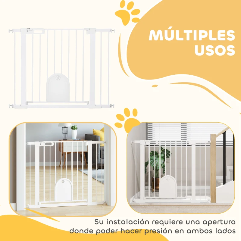 PawHut Barrera de Seguridad para Perros Extensible 75-103 cm, para Puertas y Escaleras, Barrera para Perros con Puerta Pequeña, 2 Extensiones, Montaje a Presión y Doble Bloqueo, Blanco