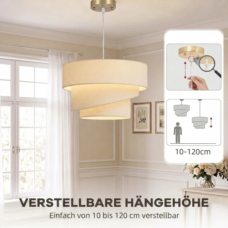 HOMCOM Pendelleuchte mit 3 Leinenschirmen, moderne Deckenlampe höhenverstellbar, Beige, Leuchtmittel nicht enthalten