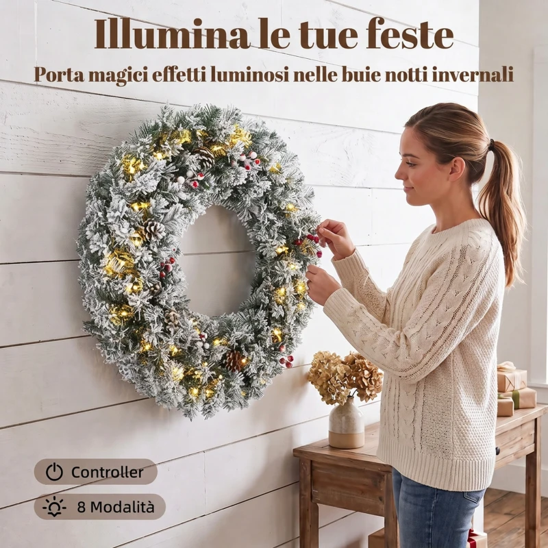 HOMCOM Ghirlanda Natalizia Innevata da 60 cm con Luci LED, Fiocco Scozzese, Rami, Pigne, Bacche, Verde