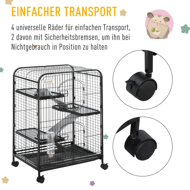 PawHut Knaagdierkooi 3-laagse kooi voor kleine dieren, voerbak, waterfles, rolbaar