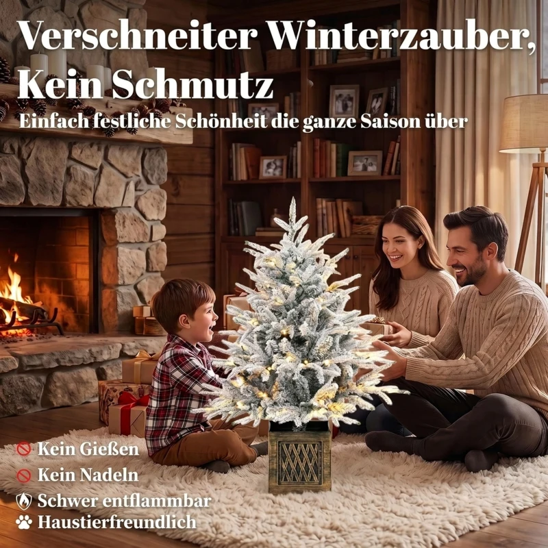 HOMCOM Tisch-Weihnachtsbaum 90 cm, vorbeleuchtet, beschneit, künstlich, 70 warmweiße LEDs, 488 Spitzen, Grün