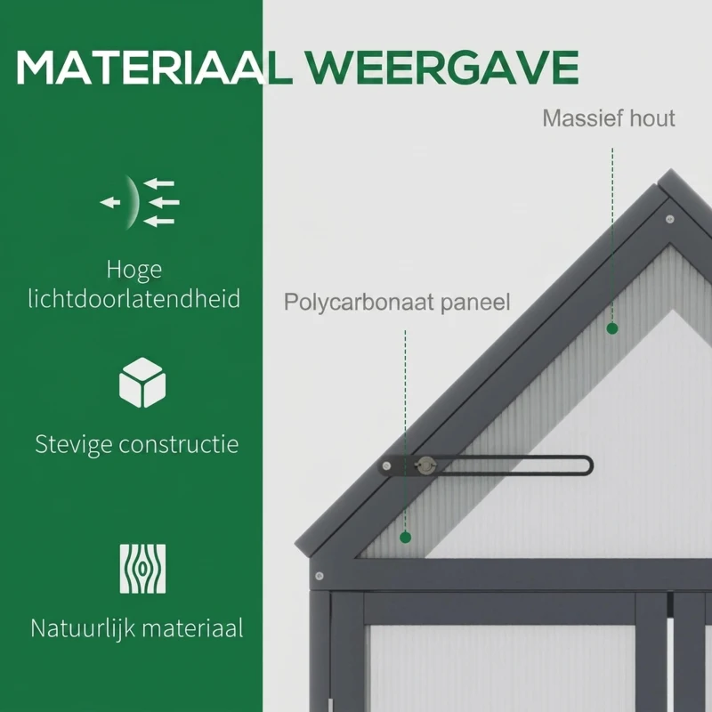 Outsunny kas met 3 planken, massief hout, behuizing van polycarbonaat, grijs, 70,5 x 42 x 132 cm(m-4)
