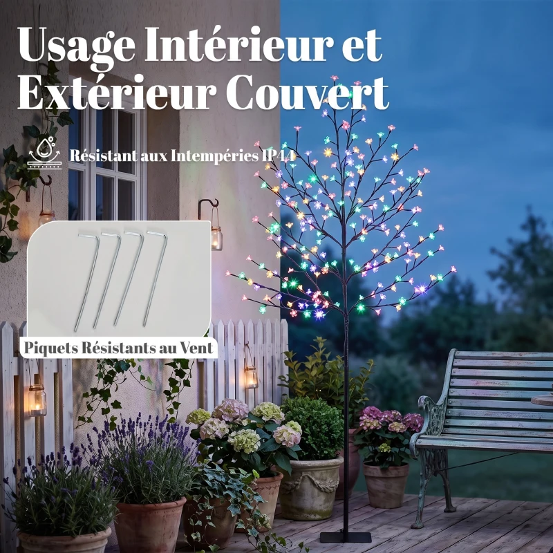 HOMCOM Arbre lumineux 180cm Cerisier Artificiel Lumineux  200 LED et 20 Branches Flexibles, Décoration Intérieure et Extérieure