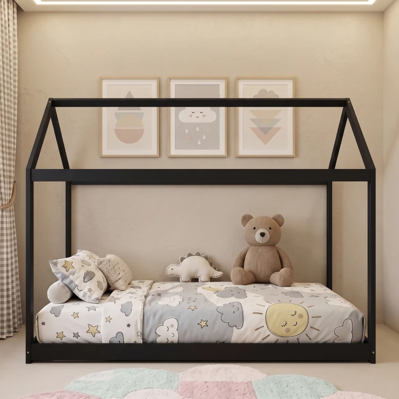 HOMCOM Single Bed Frame, House-Scandinavian-Style Wooden Bed Frame for 90W x 190D cm Mattress, Black