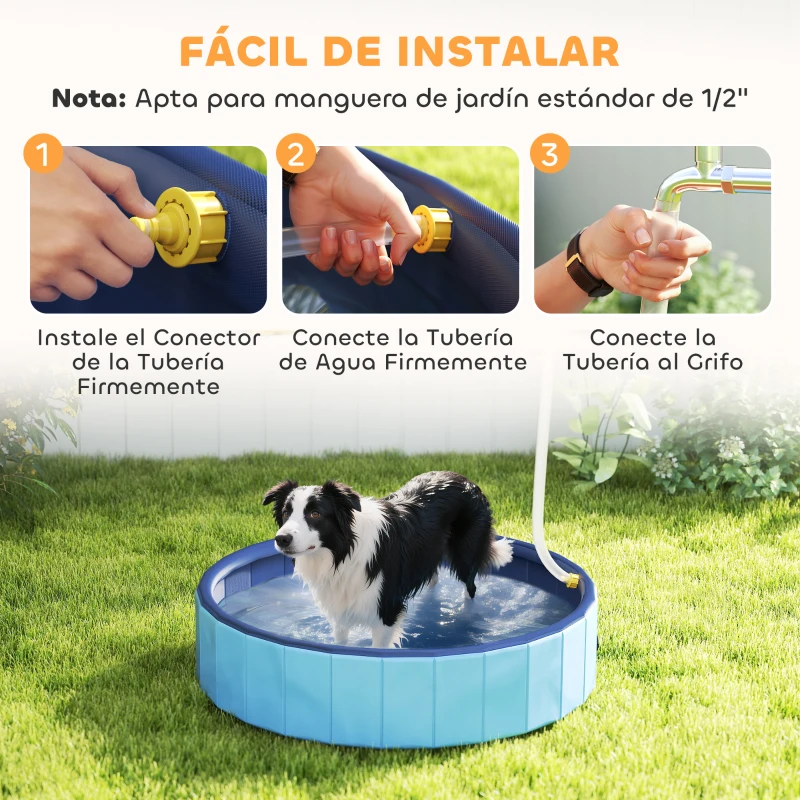 PawHut Piscina para Perros Medianos y Pequeños Plegable con Aspersor de PVC Antideslizante Resistente Ø100x30 cm Azul Claro