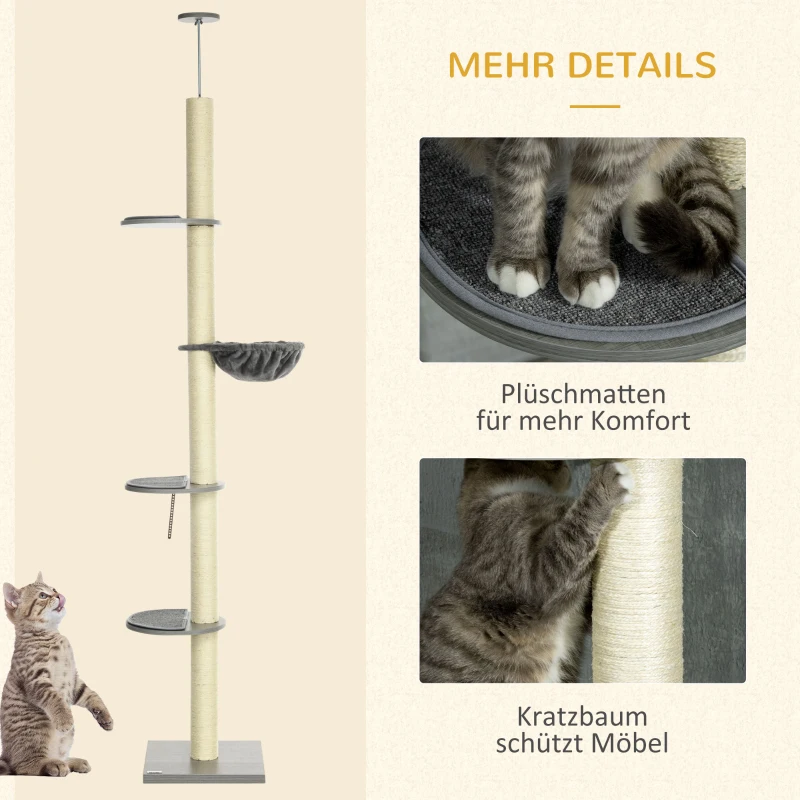 PawHut kattenboom, plafondhoog, krabpaal voor katten, in hoogte verstelbaar