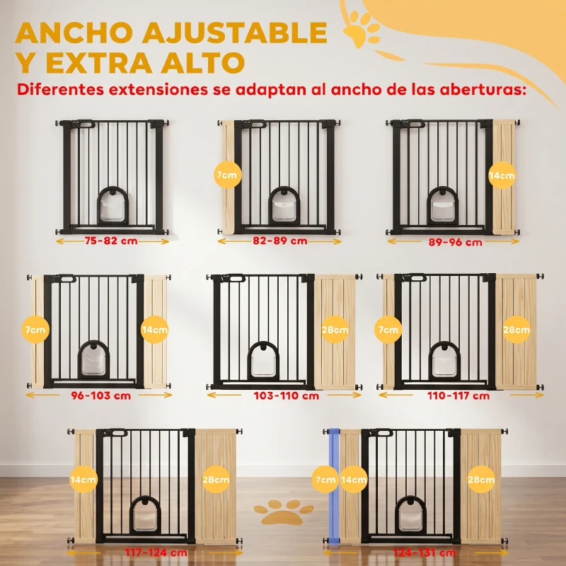 PawHut Barrera de Seguridad para Perros con Puerta Pequeña para Escaleras y Puertas 75-131 cm con 3 Extensiones Negro
