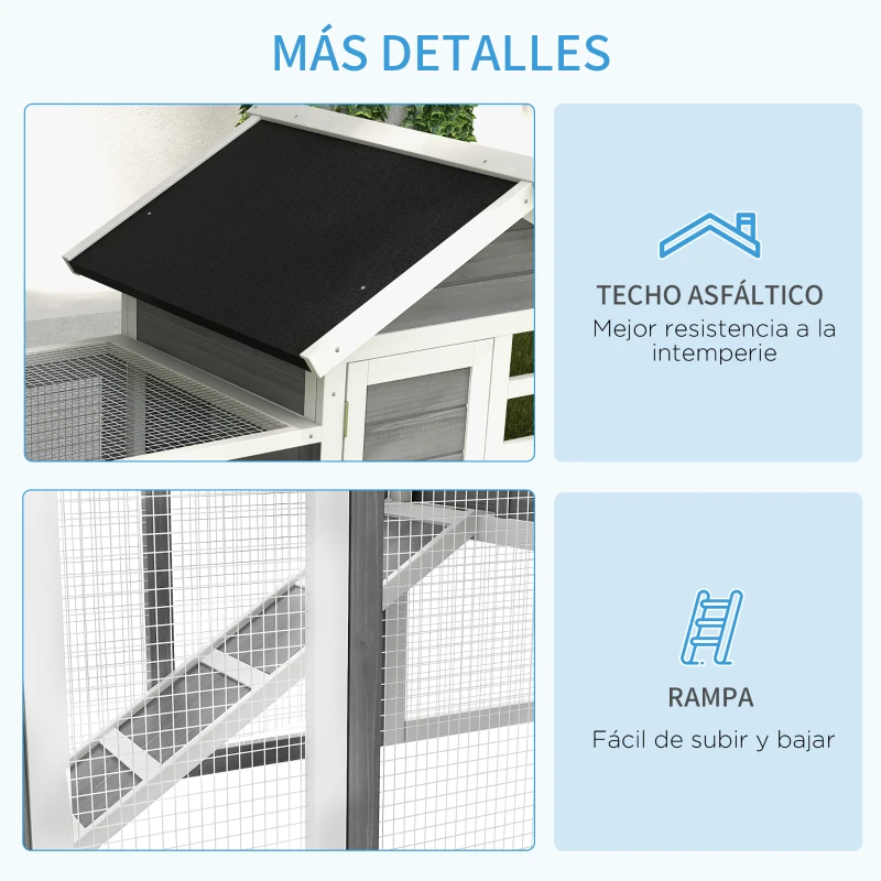 PawHut Jaula para Conejos con Zona Abierta Techo Asfáltico Bandeja Extraíble y Rampa para Exterior 123,5x62,6x92,5 cm Gris
