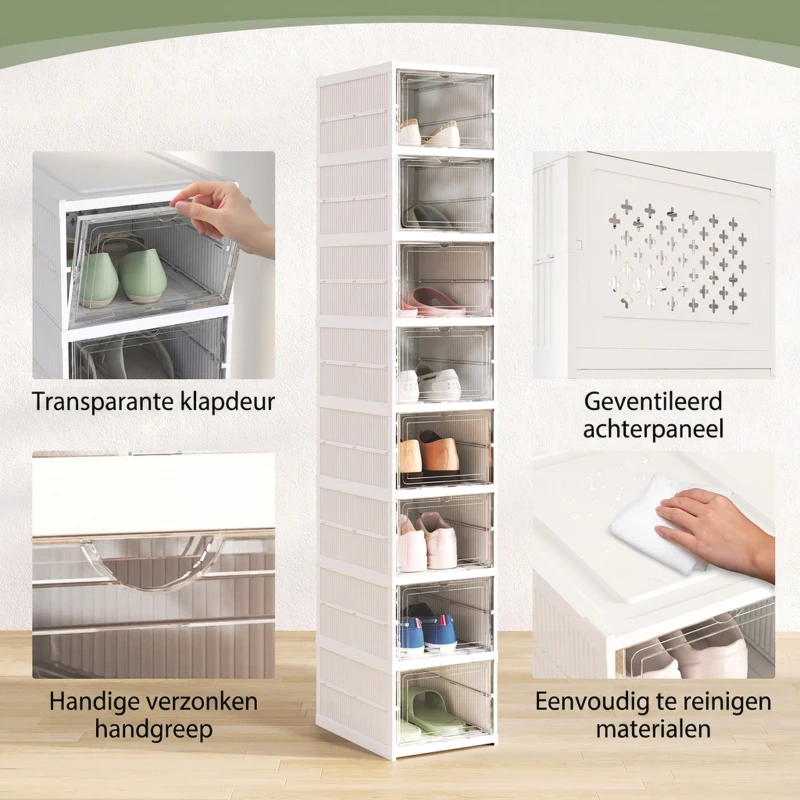 HOMCOM 8-Laags Schoenenrek, Schoenenkast, Opvouwbaar, Geventileerde Achterkant, Kunststof, Wit(m-5)