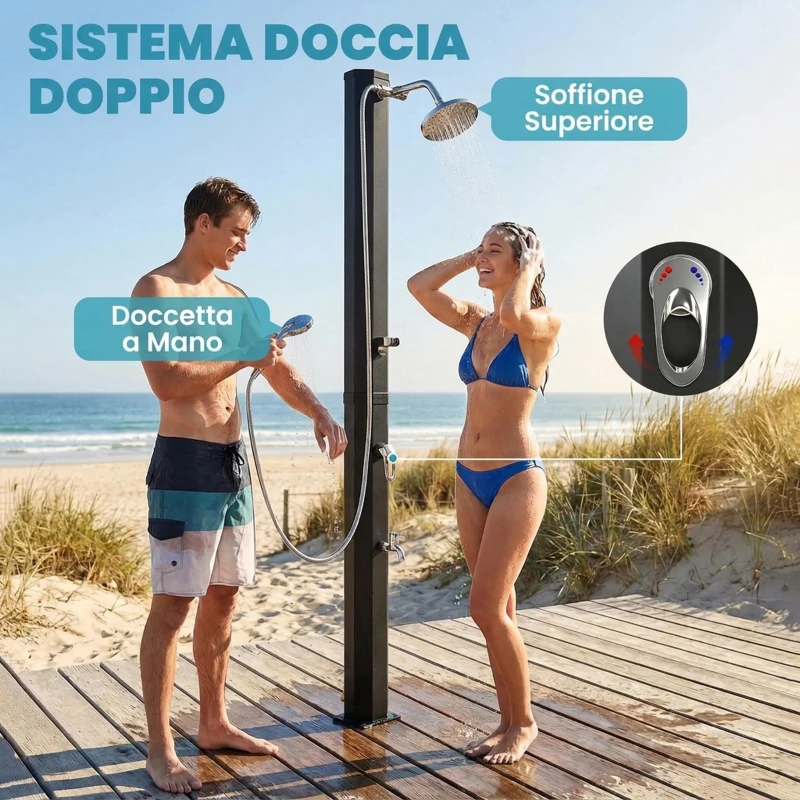 Outsunny Doccia Solare 35L, Protezione Antigelo, 2 Soffioni, Rubinetto per Piedi