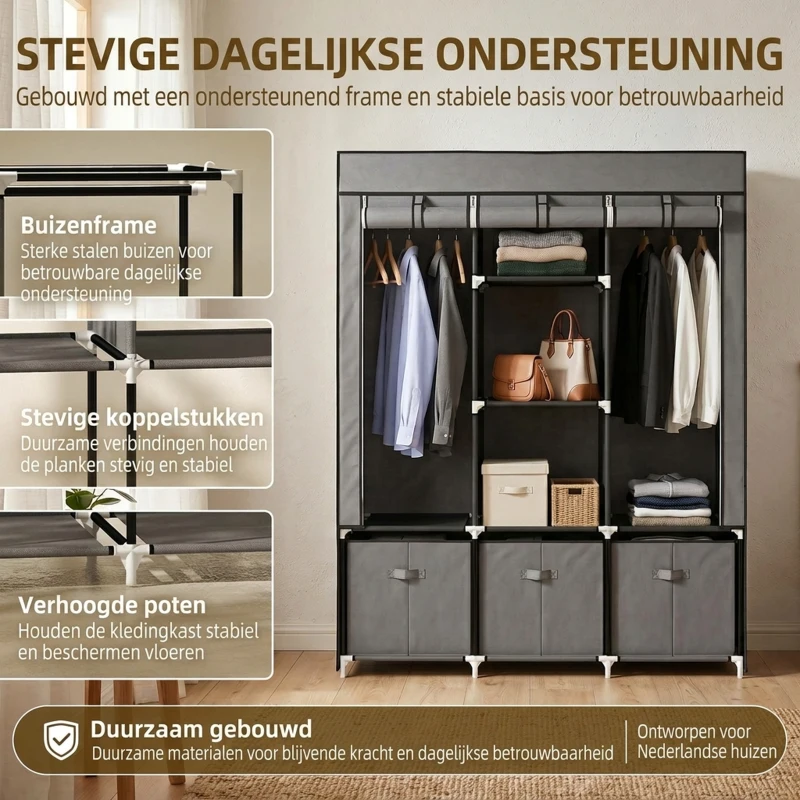 HOMCOM stoffen kledingkast, kledingkast met kledingrekken en laden, opvouwbare kledingkast met ritssluiting, opvouwbare kledingkast voor slaapkamer, niet-geweven stof, donkergrijs, 125 x 43 x 162,5 cm(m-5)
