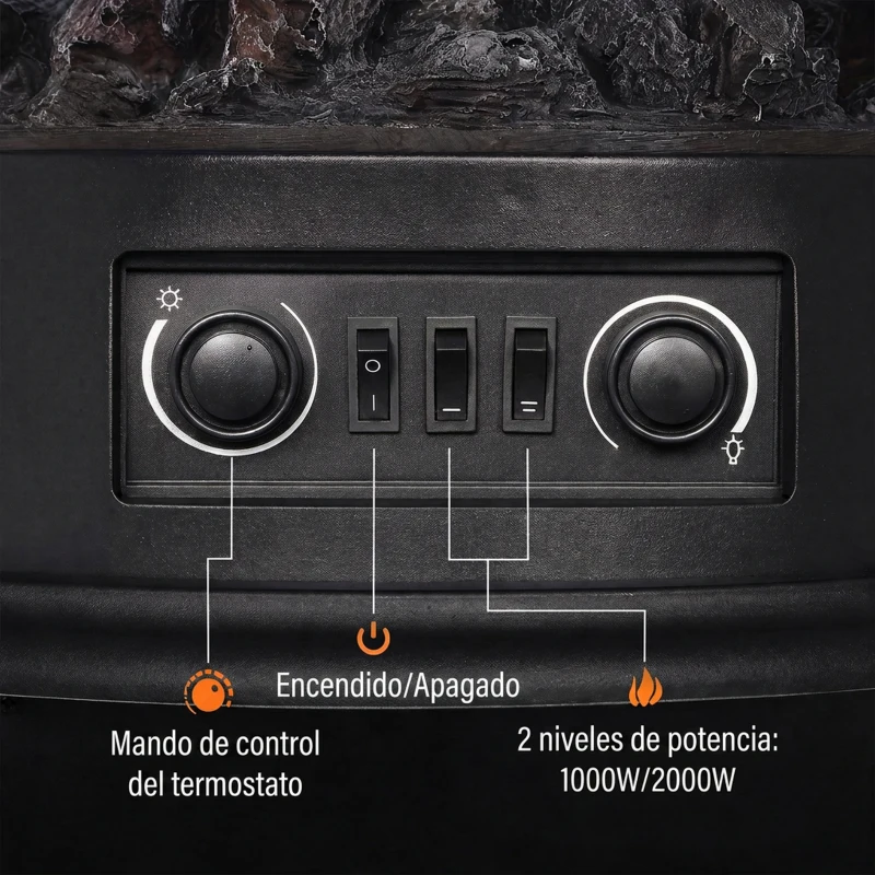 HOMCOM Chimenea Eléctrica 1000/2000 W con Efecto Llama 3 Vistas Termostato y Brillo Regulable Negro