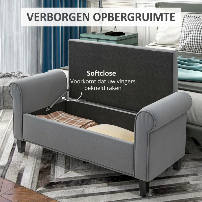 HOMCOM Zitbank Polsterbank Bedbank, Knoopstiksel, Fluweelachtige Afwerking, 126 cm x 48,5 cm x 57 cm, Grijs(m-4)
