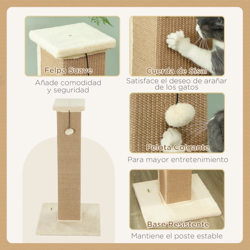 PawHut Poste Rascador para Gatos Altura 81 cm Rascador para Gatos con Poste de Yute y Bola Colgante 41x41x81 cm Beige