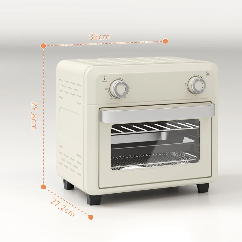 HOMCOM mini-oven met hetelucht, 10 liter airfryer, compacte oven met 60-minuten timer en binnenverlichting, 80-230℃, 3 insteekniveaus, vaatwasserbestendig accessoire, 1000W, crème wit(m-3)