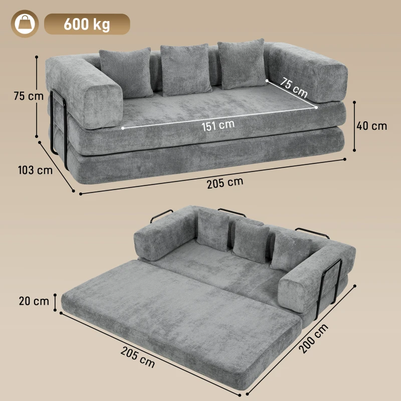 HOMCOM Canapé Convertible 3 Places Compressé 5 en 1, Canapé-Lit en Chenille 205cm, Assise Profonde, 2 Coussins, Gris