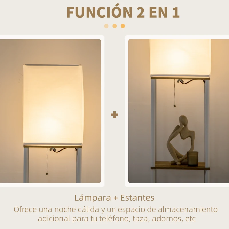 HOMCOM Lámpara de Pie Moderna con 3 Estantes para Salón Casquillo E27 Max. 40W con Pantalla de Tela 26x26x159 cm Blanco