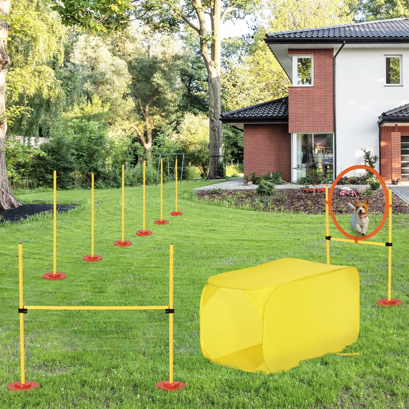 PawHut Conjunto 4 Obstáculos de Entrenamiento para Perro Set de Agilidad para Mascotas Estable Altura Ajustable de Aro con Túnel Postes y Bolsa Transporte Amarillo