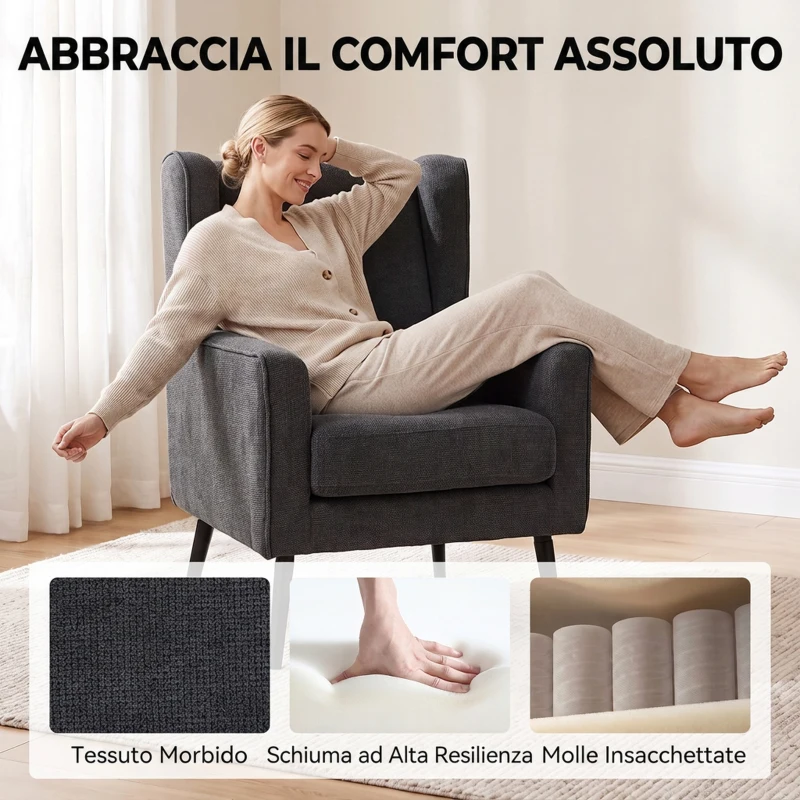 HOMCOM Poltrona da Camera in Ciniglia con Gambe in Legno di Caucciù, Grigio Scuro