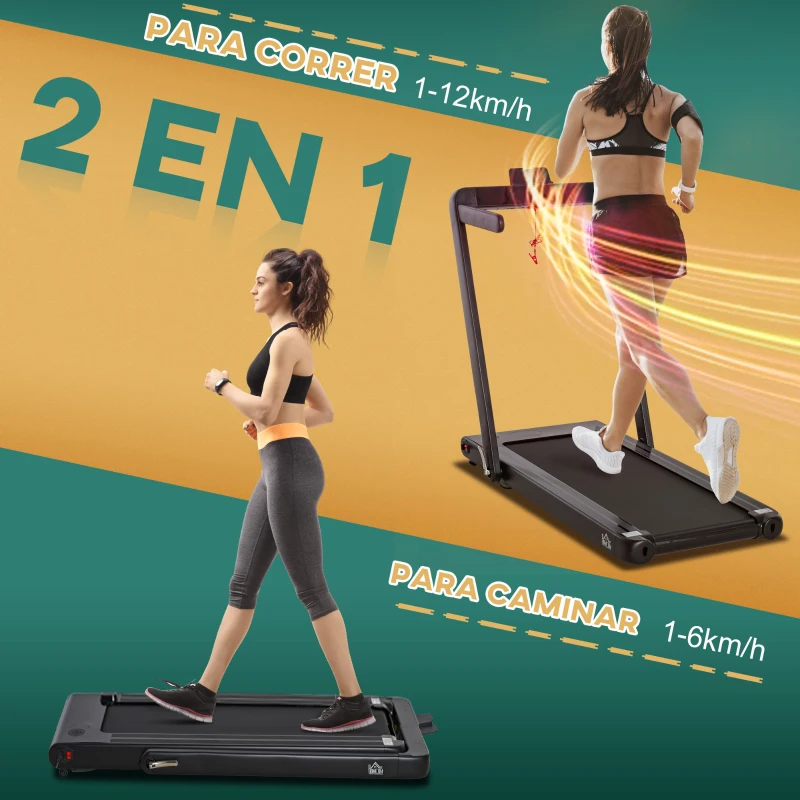 HOMCOM Cinta de Correr y Andar Eléctrica 2 en 1 Plegable 1-12km/h Caminar 1-4km/h con Control Remoto Pantalla LED Dual Bluetooth y Superficie de Carrera para Gimnasio Casa 134x66x107 cm Negro
