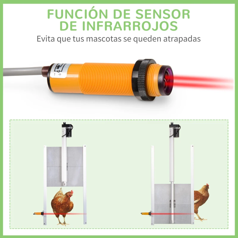 PawHut Kit de Abridor Automático de Puerta de Gallinero con Puerta de Aluminio Sensor de Infrarrojos Control de Temporizador y Mando a Distancia 30x30x0,15 cm Plateado