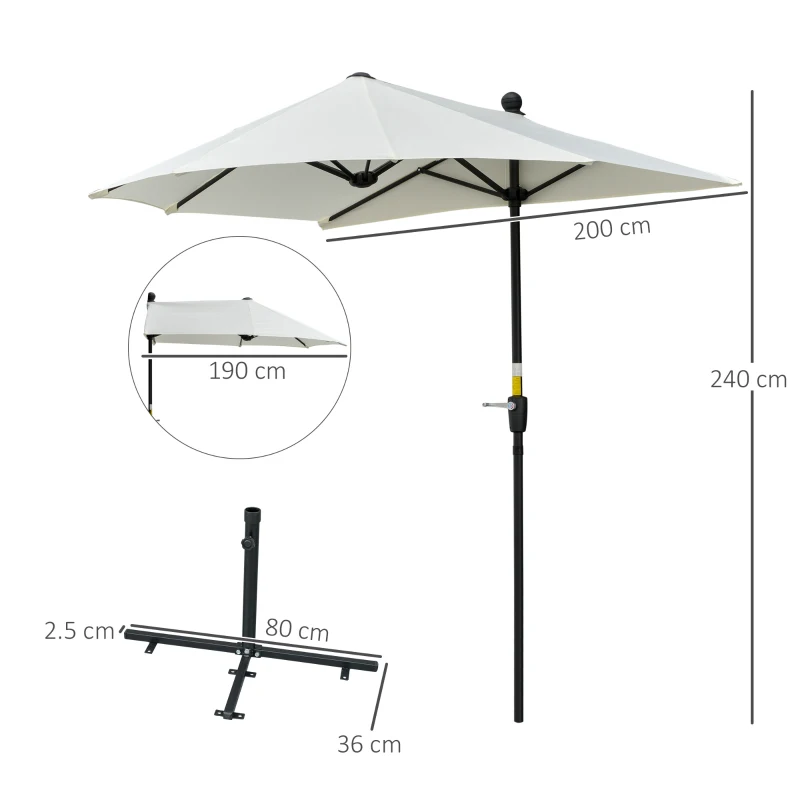 Outsunny 2m Half Parasol Market Umbrella Garden Balcony Parasol with Crank Handle, Base, Double-Sided Canopy, Cream White