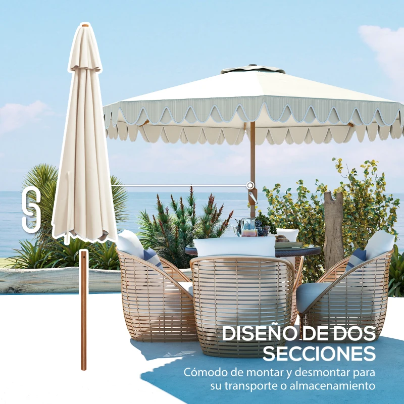 Outsunny Sombrilla de Jardín Ø264x240 cm con Ángulo Ajustable Manivela y Toldo con Volantes Decorativos para Patio Terraza Crema