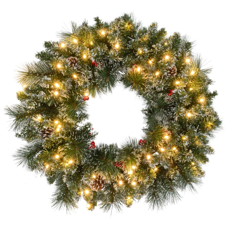 HOMCOM Couronne de Noël porte artificielle 60 CM avec pommes de pin et grappes de baies, lumières LED et minuterie vert