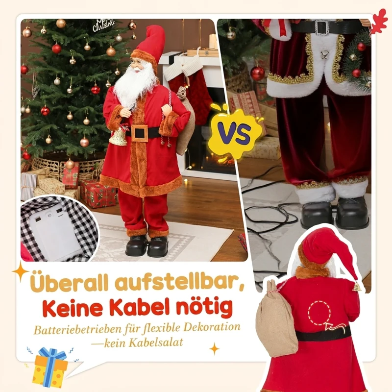 HOMCOM Weihnachtsmann 120 cm Nikolaus Figur mit Beweglichem Kopf und Armen, Glocke und Sack, Geräusch- und Berührungssensor