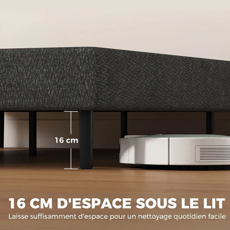HOMCOM Sommier Tapissier 140x190 cm, Cadre de Lit avec Revêtement en Chenille, 10 Lattes Bois, 9 Pieds Stables, Gris