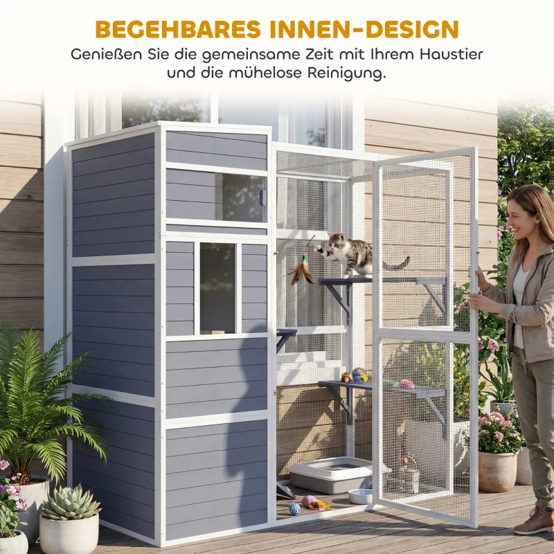 PawHut Buitenkattenren houten kattenhuis met 3 platformen, weerbestendig dak, rustgedeelte voor 3-4 katten tot 10 kg Grijs