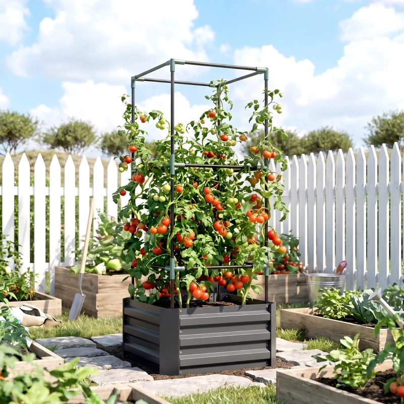 Outsunny Hoogbed met klimrek Plantenbak met klimsteun, open bodem, weerbestendig, 61 cm x 61 cm x 140 cm, Donkergrijs